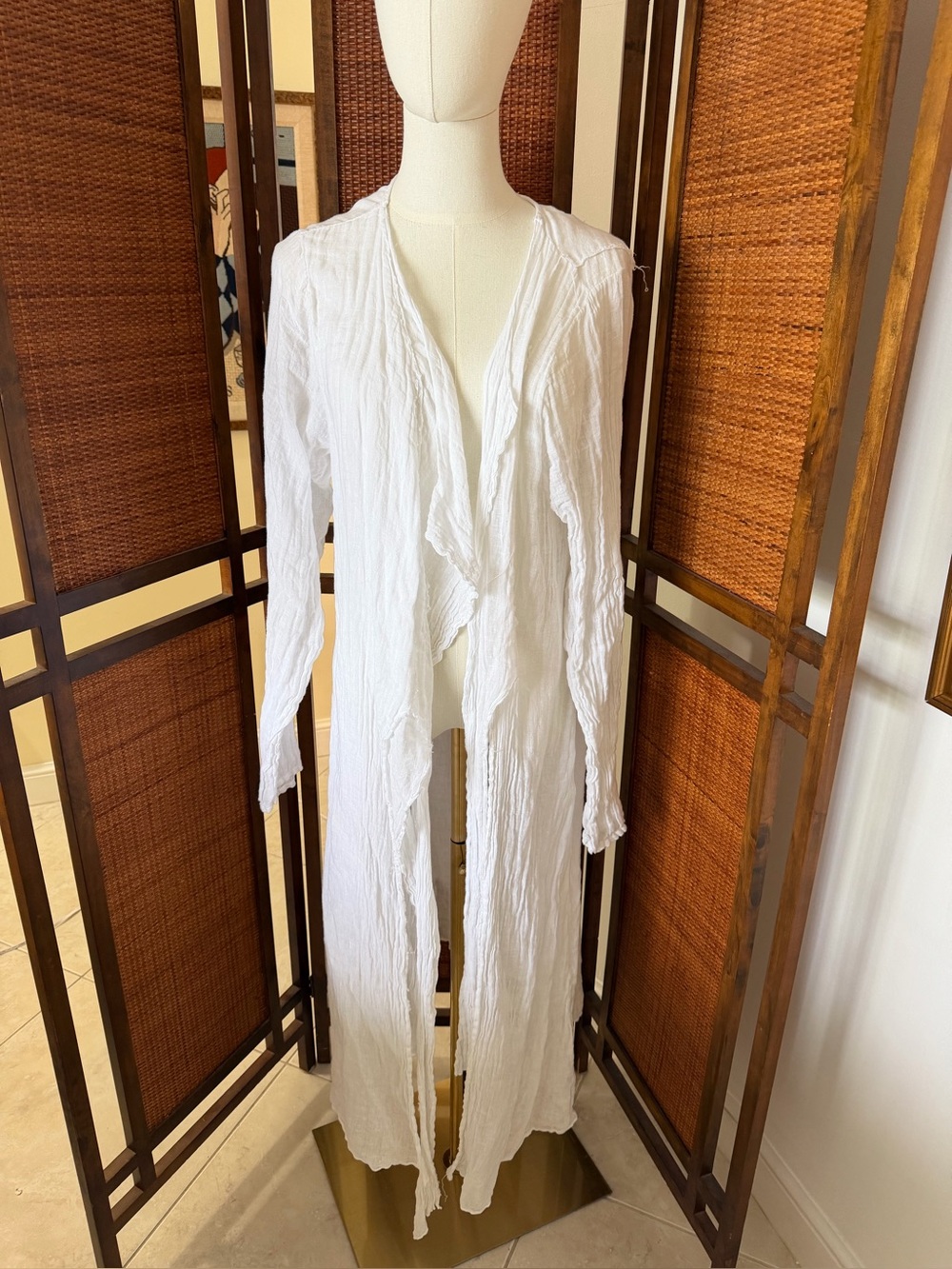 Luna Luz White Long Draped Crinkle 100% linen Cardigan duster medium